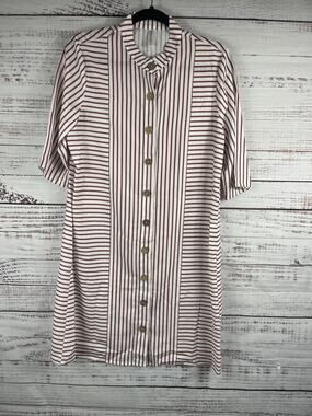 Zolucky Women's Size Large White Red Striped Button Front Long Tunic Dress